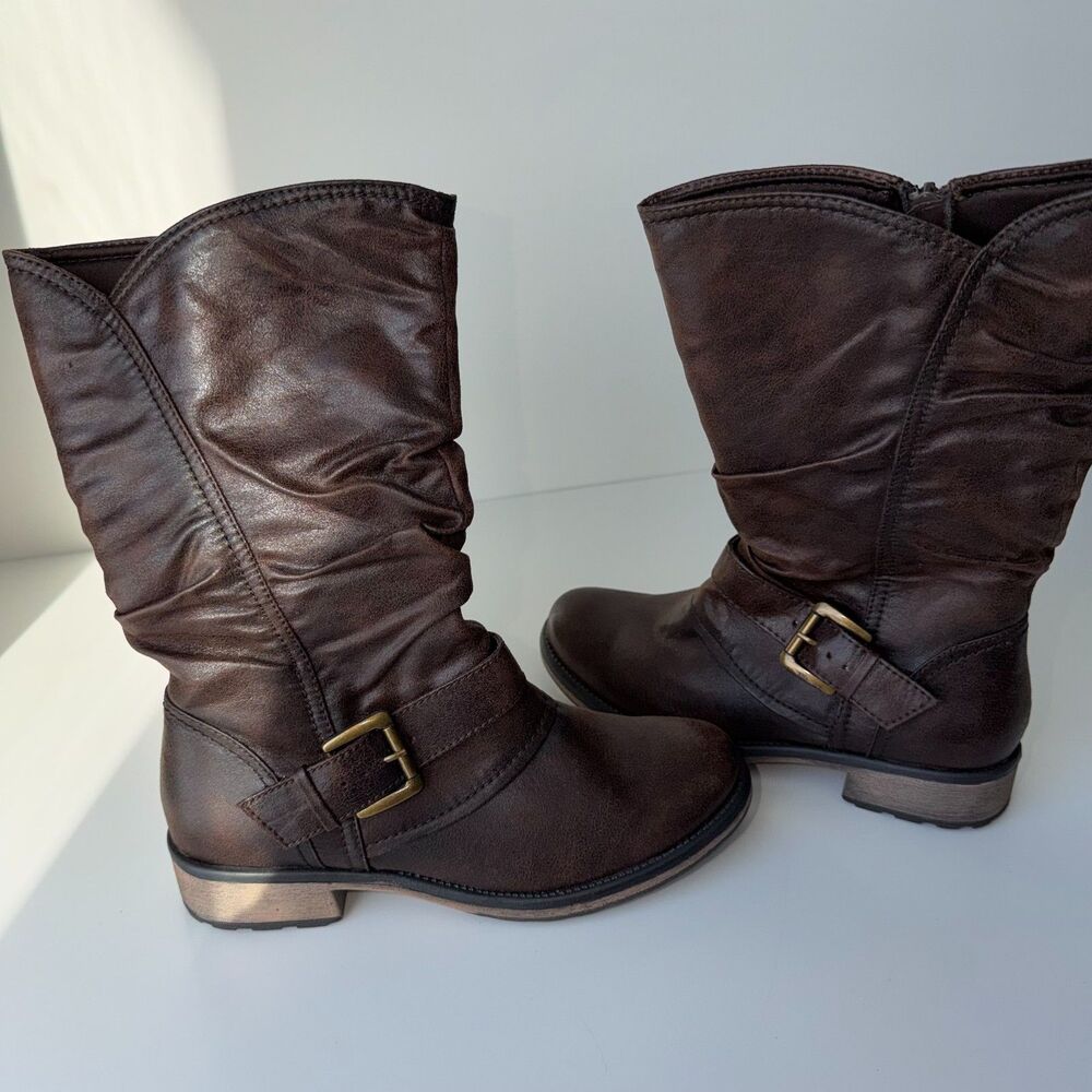 BARETRAPS Women's Seraphina Boots Distressed Brown Faux Leather ruched Size 6.5M